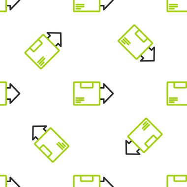 Çizgi karton kutu simgesi beyaz arkaplanda izole edilmiş kusursuz desen. Kutu, paket, paket işareti. Teslimat ve ambalaj. Vektör İllüstrasyonu.