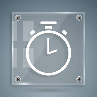 Gri arkaplanda beyaz kronometre simgesi izole edildi. Zaman göstergesi. Kronometre işareti. Kare cam paneller. Vektör İllüstrasyonu.