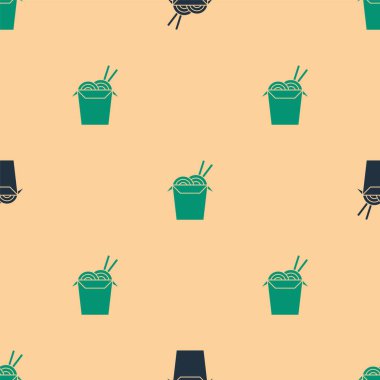 Kağıt kutuda yeşil ve siyah Asya erişteleri ve yemek çubukları ikonu bej arka planda izole edilmiş pürüzsüz desen. Sokak yemeği. Kore, Japon, Çin yemekleri. Vektör İllüstrasyonu.