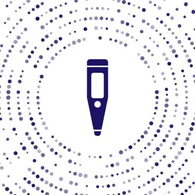 Tıbbi muayene ikonu için mavi tıbbi termometre beyaz arka planda izole edildi. Soyut çember rastgele noktalar. Vektör.