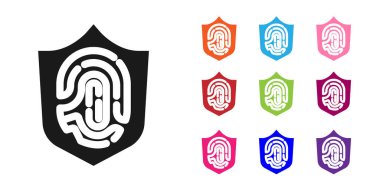 Siyah koruma kalkanı beyaz arka planda izole edilmiş parmak izi ikonu. Kimlik uygulaması simgesi. Kimlik işareti. Güvenlik parmak taraması konsepti. Simgeleri renklendirin. Vektör.