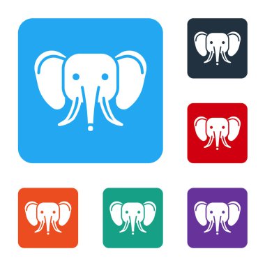 Beyaz Fil simgesi beyaz arkaplanda izole edildi. Renkli kare düğmelerle simgeleri ayarla. Vektör.