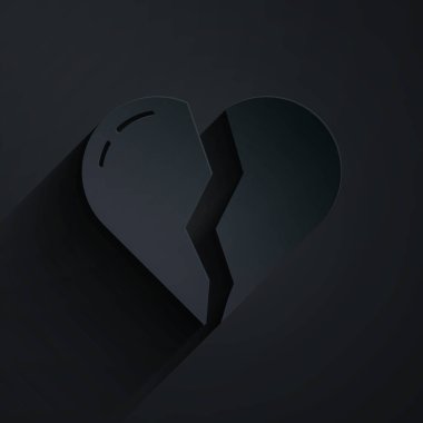 Kağıt kesiği, kırık kalp ya da siyah arka planda izole edilmiş boşanma ikonu. Aşk sembolü. Sevgililer Günü. Kağıt sanatı tarzı. Vektör.