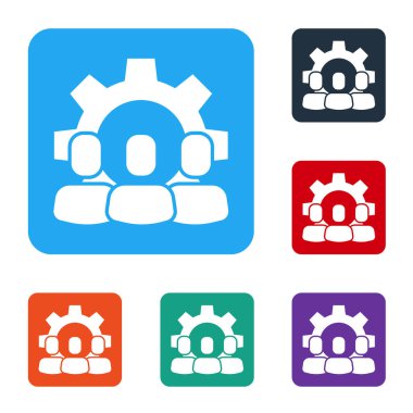 Beyaz Proje ekip taban simgesi beyaz arkaplanda izole edildi. İş analizi ve planlama, danışmanlık, takım çalışması, proje yönetimi. Renkli kare düğmelerle simgeleri ayarla. Vektör.