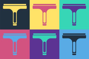 Renkli arka planda izole edilmiş pencere simgesi için plastik temizleme hizmeti. Silecek, kazıyıcı, silecek. Vektör.