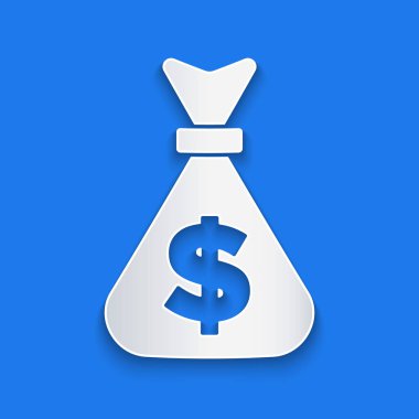 Kağıt kesiği Para Çantası simgesi mavi arka planda izole. Dolar ya da USD sembolü. Nakit bankacılık tabelası. Kağıt sanatı tarzı. Vektör.