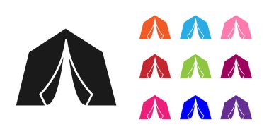 Beyaz arka planda siyah turist çadırı simgesi izole edildi. Kamp sembolü. Simgeleri renklendirin. Vektör.