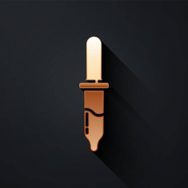 Altın Pipette simgesi siyah arkaplanda izole edildi. Tıbbi, kozmetik, kimya laboratuvarı ekipmanları. Uzun gölge tarzı. Vektör.