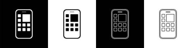 Mobil Uygulamalar simgesini siyah ve beyaz arkaplanda izole et. Ekran simgeli akıllı telefon, uygulamalar. Cep telefonu ekranı görünüyor. Vektör.