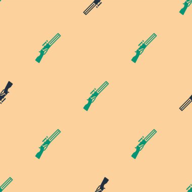 Yeşil ve siyah av silahı ikonu, bej arka planda kusursuz desen izole etti. Av tüfeği. Vektör.