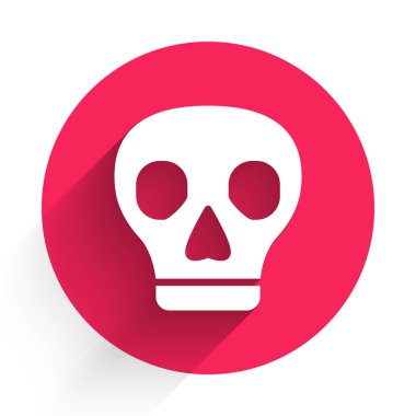 Beyaz Kafatası simgesi uzun gölgelerle izole edilmiş. Kırmızı daire düğmesi. Vektör.