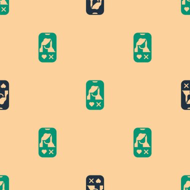 Yeşil ve siyah flört uygulaması çevrimiçi mobil konsept simgesi bej arka planda izole edilmiş kusursuz desen. Kadın erkek profili düz tasarım. Çift ilişki için eşleşiyor. Vektör.