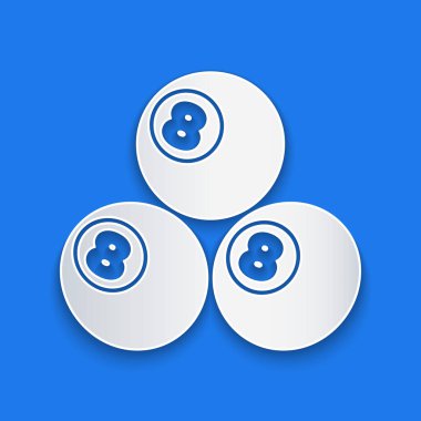 Kağıt bilardo bilardo topunu kesti ve mavi arka planda 8 numaralı ikon izole edildi. Kağıt sanatı tarzı. Vektör.