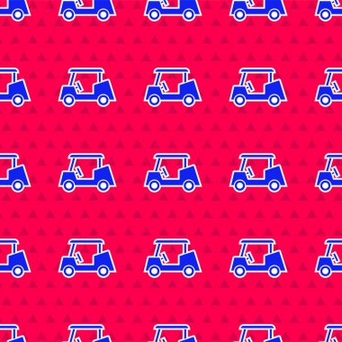 Mavi Golf arabası ikonu, kırmızı arkaplanda izole edilmiş, pürüzsüz desen. Golf arabası. Vektör.