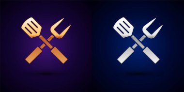 Isometric Crossed çatal ve spatula ikonu turuncu ve pembe arka planda izole edilmiş. Mangal çatalı ve spatula işareti. Barbekü ve ızgara aletleri. Altıgen düğmesi. Vektör.