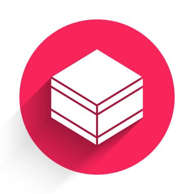 Uzun gölgeli beyaz çikolatalı kek ikonu. Kırmızı daire düğmesi. Vektör.