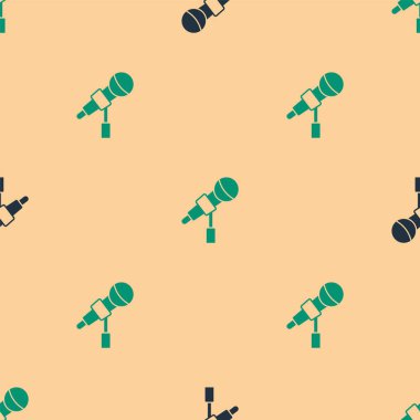 Yeşil ve siyah mikrofon simgesi, bej arkaplandaki kusursuz deseni izole etti. Radyodaki mikrofondan. Sözcü işareti. Vektör.