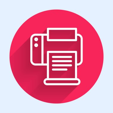 Beyaz çizgi yazıcı simgesi uzun gölgeli izole edildi. Kırmızı daire düğmesi. Vektör İllüstrasyonu.