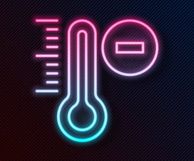 Parlayan neon hattı Meteoroloji termometresi siyah arkaplanda izole edilmiş ikonu ölçüyor. Termometre termometresi sıcak ya da soğuk hava gösteriyor. Vektör.