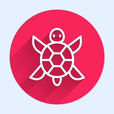 Beyaz çizgi kaplumbağa ikonu uzun gölgeli izole edilmiş. Kırmızı daire düğmesi. Vektör.