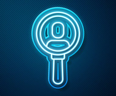 Mavi arka planda izole edilmiş bir insan simgesini aramak için parlayan neon hat büyüteç. İşe alma ya da seçme. Çalışanları ve işi ara. Vektör.