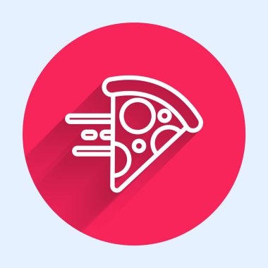 White Line Online sipariş ve hızlı pizza dağıtım ikonu uzun gölgeli. Kırmızı daire düğmesi. Vektör.