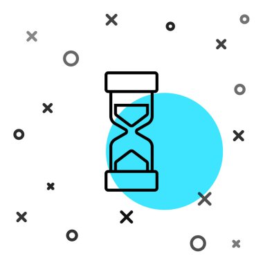 Siyah çizgi Beyaz zemin üzerinde kum ikonu akan eski kum saati. Kum saati işareti. İş ve zaman yönetimi kavramı. Rastgele dinamik şekiller. Vektör.