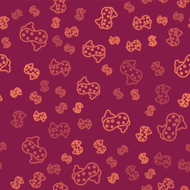 Kabarcık ikonlu kahverengi çizgi süngeri kırmızı arka planda izole edilmiş pürüzsüz desen. Bulaşık yıkamak için bir tutam Bast. Temizlik servisi logosu. Vektör.