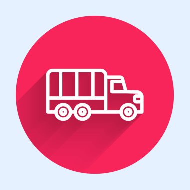 Uzun gölgeli beyaz çizgi askeri kamyon ikonu. Kırmızı daire düğmesi. Vektör.