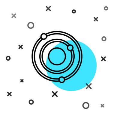 Siyah çizgi güneş sistemi simgesi beyaz arkaplanda izole edildi. Gezegenler yıldızın etrafında dönerler. Rastgele dinamik şekiller. Vektör.