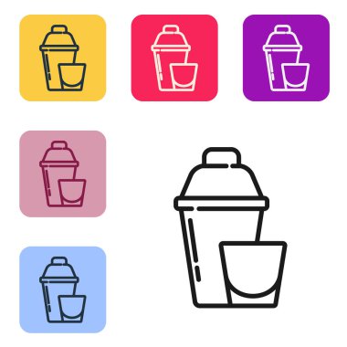 Beyaz arka planda izole edilmiş kokteyl cam ikonlu siyah çizgi kokteyl karıştırıcısı. Renkli kare düğmelerle simgeleri ayarla. Vektör.