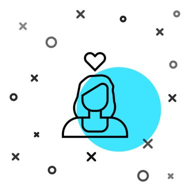 Siyah çizgi, beyaz arka planda izole edilmiş romantik kız ikonu. Sevgililer Günün kutlu olsun. Rastgele dinamik şekiller. Vektör.