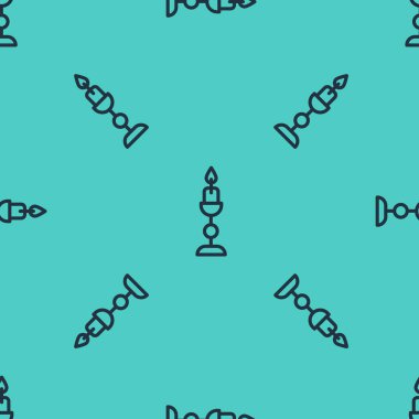 Mum simgesinde yanan siyah çizgi yeşil arkaplanda izole edilmiş pürüzsüz desen. Eski moda yanan mum. Silindirik mum çubuğu ve yanan ateş. Vektör.