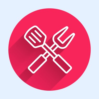 Beyaz çizgi çatal ve spatula simgesini uzun gölgeli olarak izole etti. Mangal çatalı ve spatula işareti. Barbekü ve ızgara aletleri. Kırmızı daire düğmesi. Vektör.