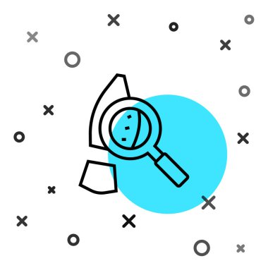 Beyaz arka planda izole edilmiş ayak izi simgesi olan siyah çizgi büyüteç. Dedektif araştırıyor. Ayak izlerini takip etmek için. Rastgele dinamik şekiller. Vektör.