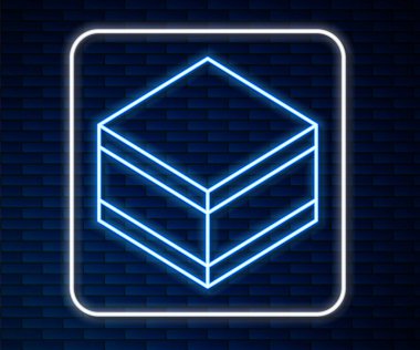 Parlayan neon hattı Brownie çikolatalı kek ikonu tuğla duvar arkasında izole edilmiş. Vektör.