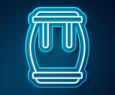 Parlayan neon hattı Drum simgesi mavi arkaplanda izole edildi. Müzik işareti. Müzik aleti sembolü. Vektör.