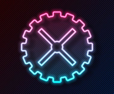 Parlayan neon çizgisi, siyah arkaplanda izole edilmiş bisiklet sprokrank ikonu. Vektör.