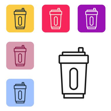 Beyaz arka planda su ikonu olan siyah çizgi spor şişesi. Renkli kare düğmelerle simgeleri ayarla. Vektör.