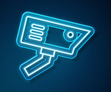 Parlayan neon hat kamera ikonu mavi arkaplanda izole edildi. Vektör.