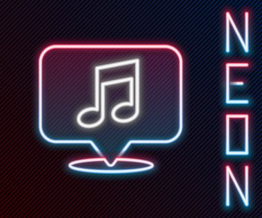 Parlayan neon çizgisi, siyah arkaplanda izole edilmiş konuşma baloncuğu simgesindeki müzikal nota. Müzik ve ses konsepti. Renkli taslak konsepti. Vektör İllüstrasyonu.