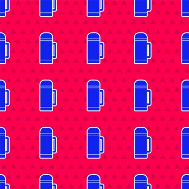 Mavi Termos konteynır ikonu kırmızı arka planda izole edilmiş pürüzsüz desen. Termo matara ikonu. Kamp ve yürüyüş ekipmanları. Vektör İllüstrasyonu.