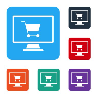 Ekran bilgisayarındaki beyaz alışveriş arabası beyaz arkaplanda izole edilmiş. Konsept e-ticaret, e-ticaret, online iş pazarlama. Renkli kare düğmelerle simgeleri ayarla. Vektör İllüstrasyonu.