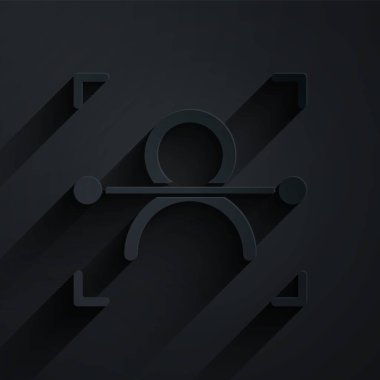 Kağıt kesiği yüz tanıma simgesi siyah arkaplanda izole edildi. Yüz tanımlama simgesi. Yüz tanıma. Siber güvenlik kavramı. Kağıt sanatı tarzı. Vektör.