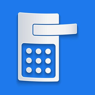 Kağıt, mavi arkaplanda izole edilmiş ikonu açmak için kablosuz teknolojiyle dijital kapı kilidi açıyor. Kapı kolu tabelası. Güvenlik akıllı ev. Kağıt sanatı tarzı. Vektör.