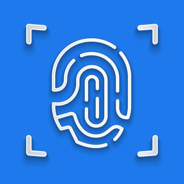 Kağıt kesiği Parmak izi simgesi mavi arkaplanda izole edildi. Kimlik uygulaması simgesi. Kimlik işareti. Kimliğe dokun. Kağıt sanatı tarzı. Vektör.