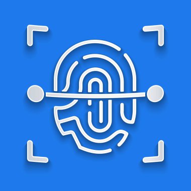 Kağıt kesiği Parmak izi simgesi mavi arkaplanda izole edildi. Kimlik uygulaması simgesi. Kimlik işareti. Kimliğe dokun. Kağıt sanatı tarzı. Vektör.