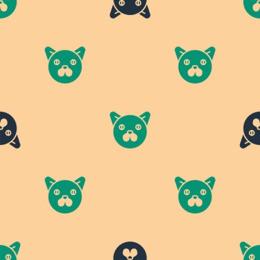 Yeşil ve siyah kedi simgesi, bej arka planda pürüzsüz desen izole etti. Hayvan sembolü. Vektör.