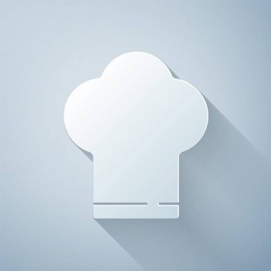 Kağıt kesiği Şef şapkası simgesi gri arkaplanda izole edilmiş. Aşçılık sembolü. Aşçı şapkası. Kağıt sanatı tarzı. Vektör.