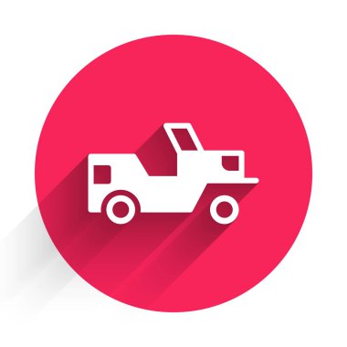 Uzun gölgeli beyaz askeri jip ikonu. Kırmızı daire düğmesi. Vektör.